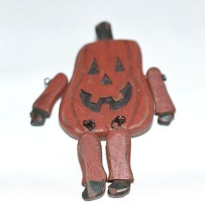 Distressed Wooden Pumpkin Figurine Jointed Arms & Legs 3.5" Brooch